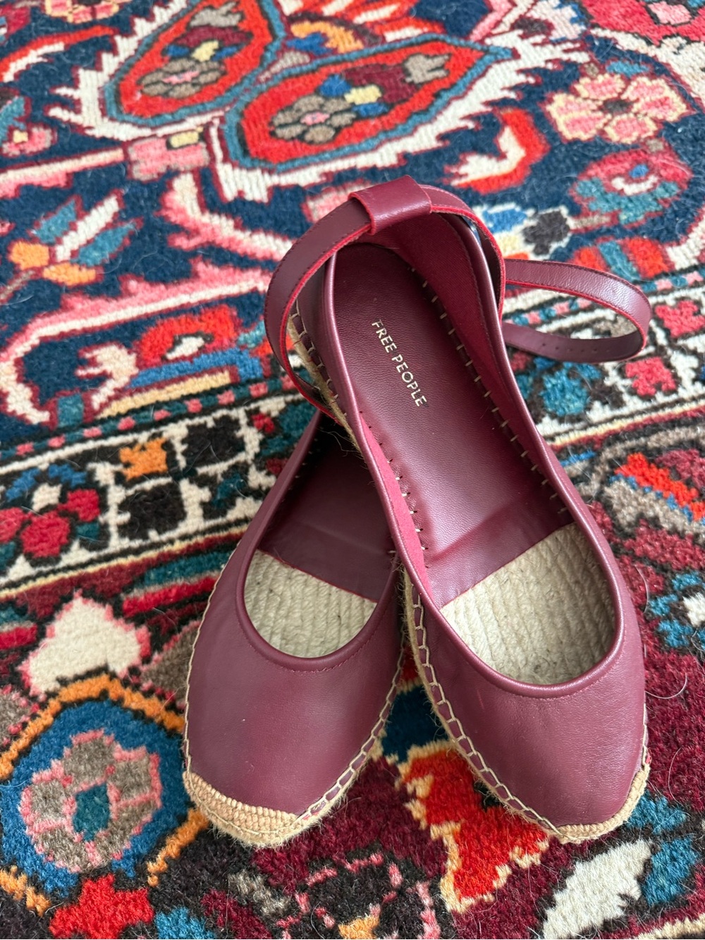 Free People Burgundy Leather Espadrille Flats with Ankle Strap